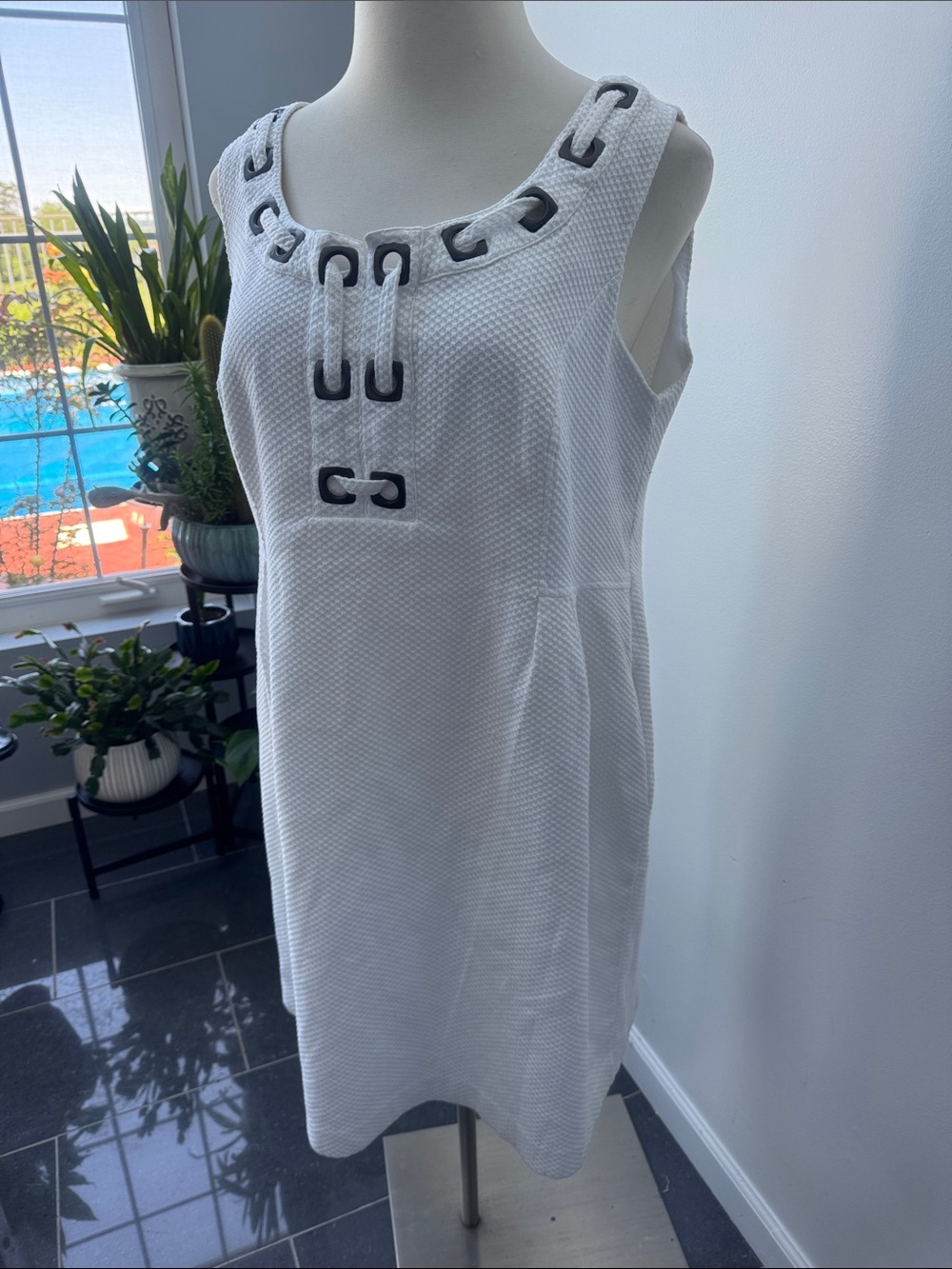 Cato Woman White Textured Dress with Metal Squares and Weaving for Interest
